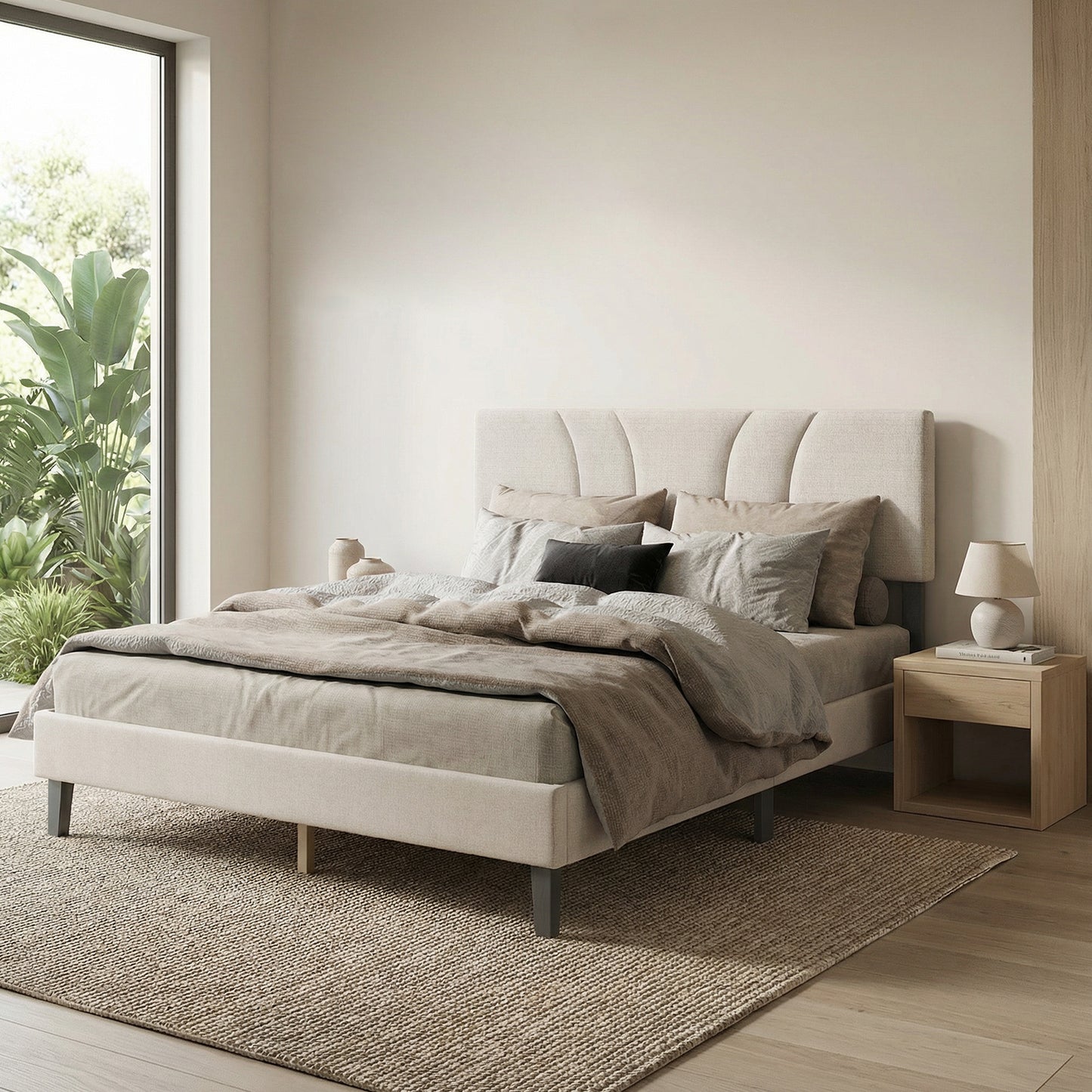 Full Size Platform Bed Frame With Adjustable Fabric Upholstered Headboard And Wooden Slats Support Fully Upholstered Mattress Foundation No Box Spring Needed Easy Assembly Beige