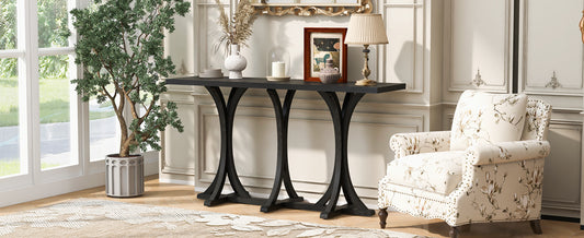 U- Style 59.8 Wooden Console Table With Oak Veneer Top Farmhouse Entryway Table With Rubber Wood Slender Curved Legs Perfect For Living Room Entryway Hallway Dining Spaces.