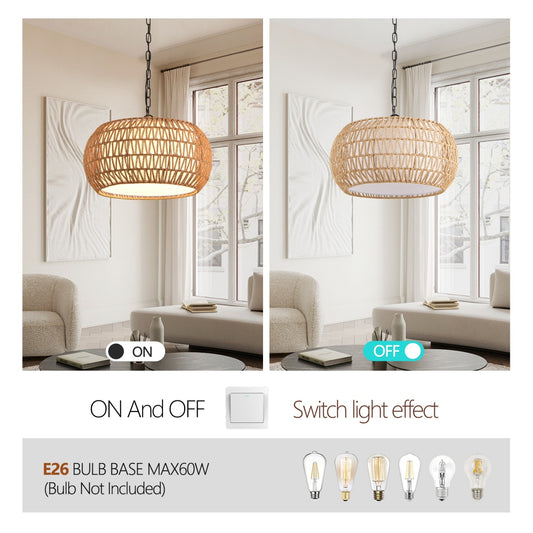 18 Farmhouse Pendant Light With Adjustable Height, Boho Woven Jute Rope Hanging Ceiling Light Fixture, E26 Base, 60W Max, Compatible With Flat, Vaulted, And Sloped Ceil Bulb Not Included