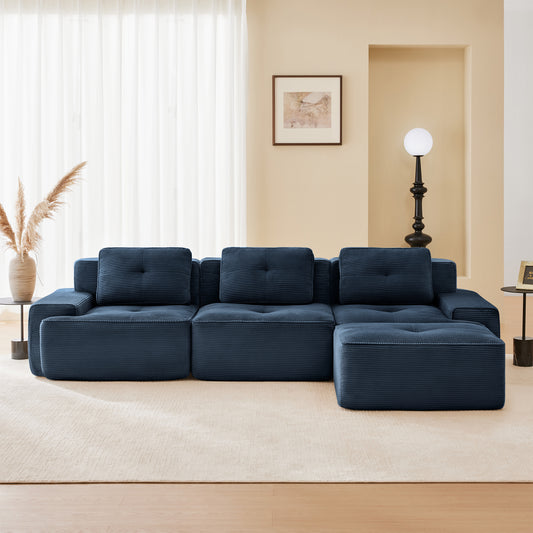 117 Modern L-Shaped Modular Sectional Sofa For Living Room, Corduroy Fabric,3-Seater Couch With Deep Seat And Movable Ottoman,Pearl-like Piping, Tufted Design,No Assembly, Anti-slip Design, Blue