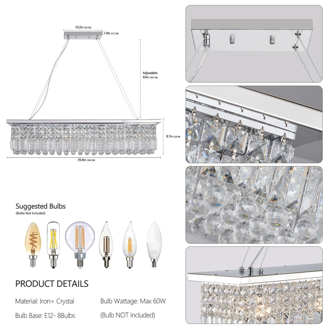 Modern Crystal Chandelier For Dining Room 8-Light White Rectangle Raindrop Chandelier Contemporary Rectangular Pendant Light Fixture For Kitchen Island Bar L39.4 X W9.8 X H8.7 Bulb Not Included