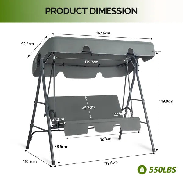 68X43X60 Inch Dark Gray KD Style With Cushion Canopy Iron Oxford Fabric 250kg Iron Swing Set