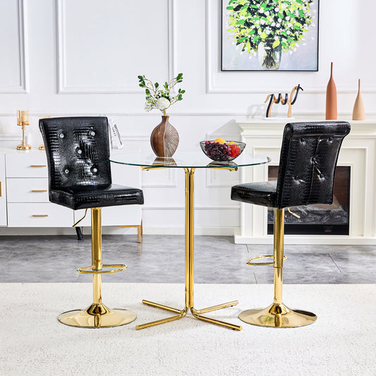 A Set Of 2 Black Vintage Crocodile Leather Lift Bar Chairs, Featuring Crystal Clasp Design And Synthetic Leather Design, Adding A Touch Of Elegance And Mystery To The Dining Area