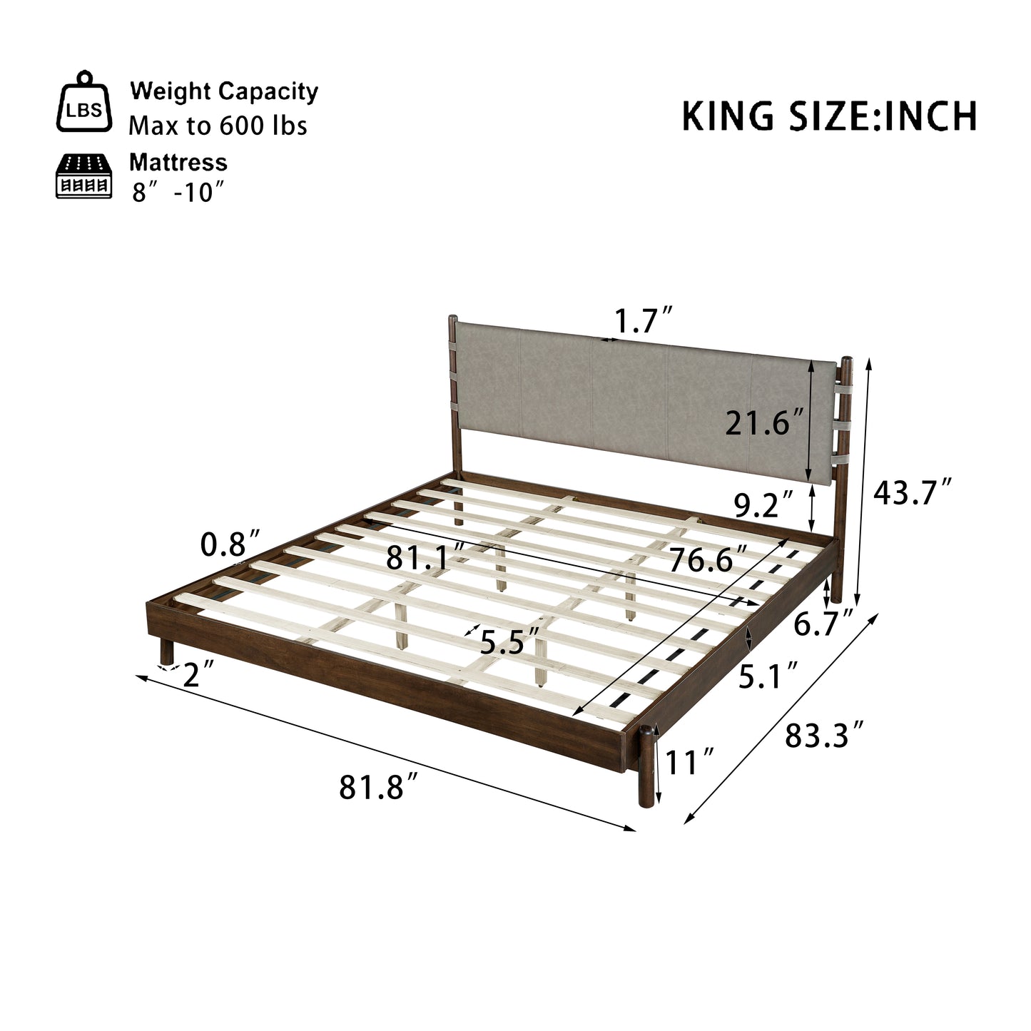 Premium Rubber Wood Platform Bed Frame, King Bed Frame With Headboard Included, Mid Century Modern Bed With Walnut Light Grey Color