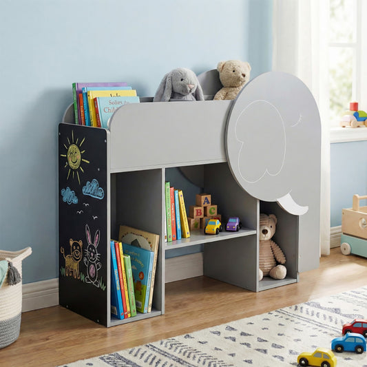 Montessori Bookshelf With Elephant Shape 3-Tier Toddler Toy Storage Organizer With 3-row Abacus Toy And Chalkboard