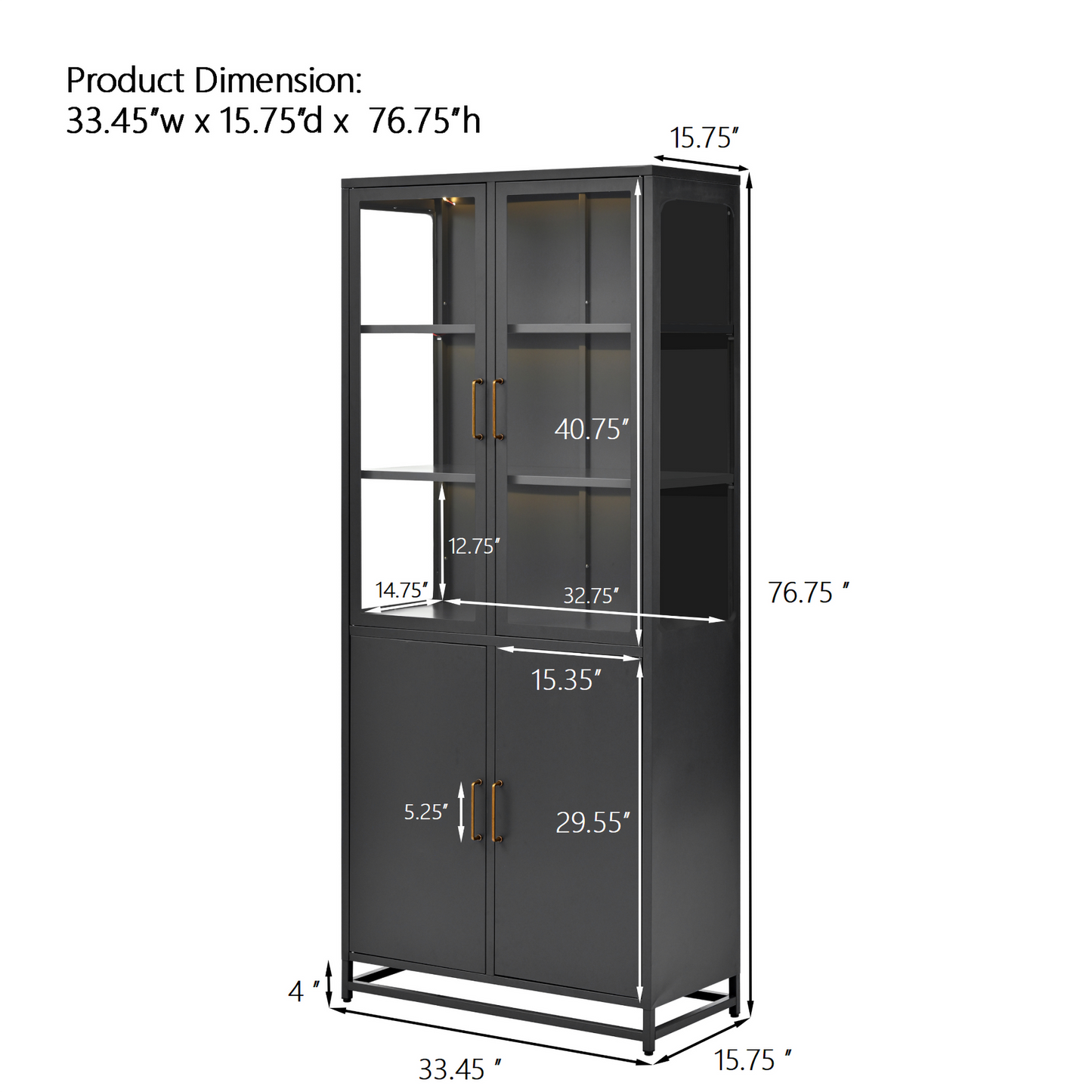 76.75 Tall Display Cabinet, With Glass Doors And LED Lights, Steel Curio Cabinet With 3-Sided Glass, Pantry Cabinet With Storage For Hallways, Livingroom Kitchen Home Decor & Office - Black