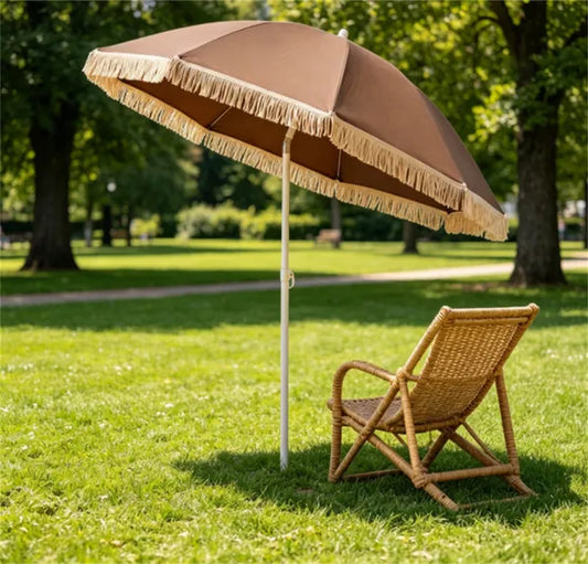 7 FT Boho Patio Umbrella With Fringe Tassel, 30' Adjustable Tilt Outdoor Sun Canopy, Portable 2-Section Metal Beach Umbrella