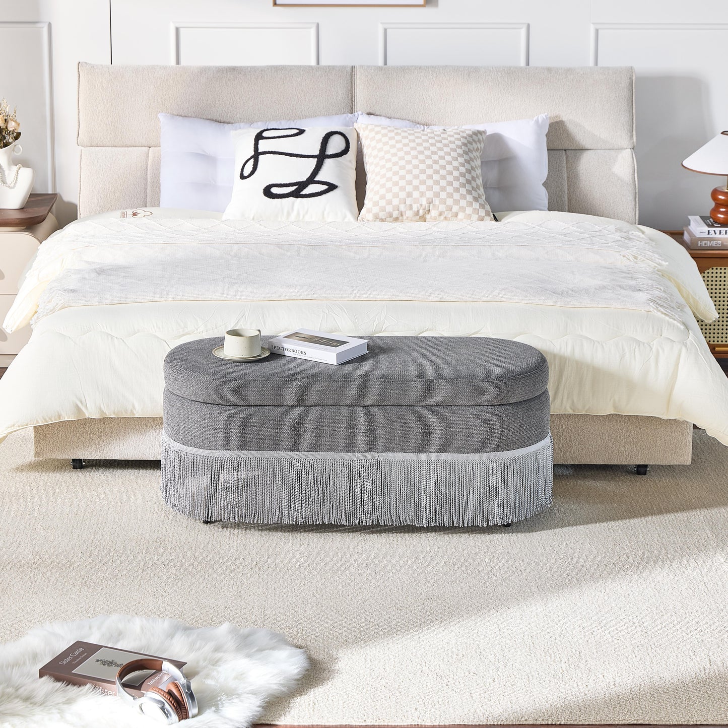 Oval Upholstered Storage Ottoman With Fringe Trim & Lift-Top Lid - 39L X 16W X 17H, Multi-Functional Footrest & Hidden Storage For Living Room Or Bedroom - Grey Fabric With Metal Frame