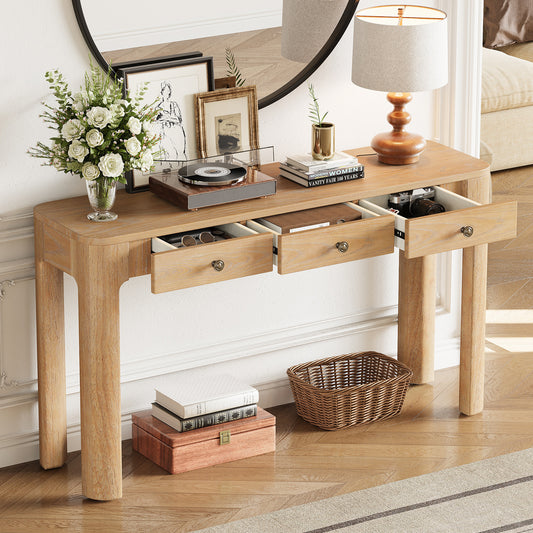 TREXM Rustic Console Table With Curved Corners For Safety Entryway Table With 3 Concealed Drawers Sturdy Sofa Table With Thick Legs For Hallway & Living Room Light Oak