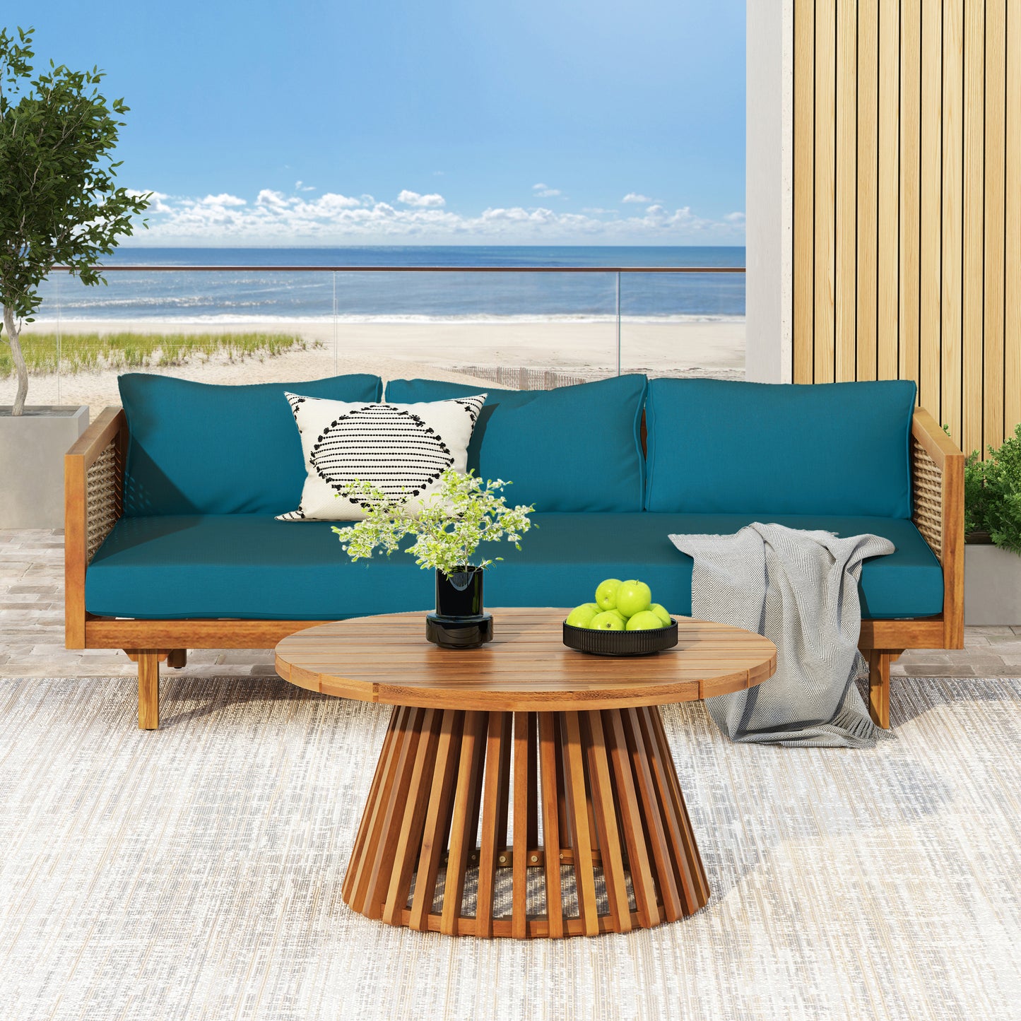Wicker Patio Furniture Set Outdoor Rattan Sectional Sets Conversation Set - Weather-Resistant, For Garden, Patio & Deck With Water Resistant Thick Dark Teal Cushions