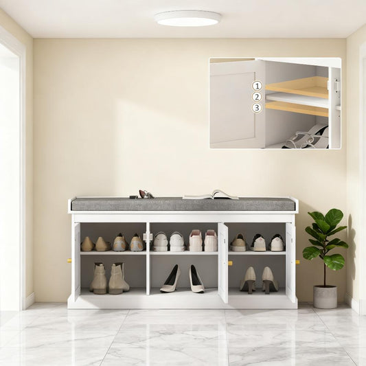 Shoe Storage Bench With Woven Rattan Doors, Shoe Bench With Cushion