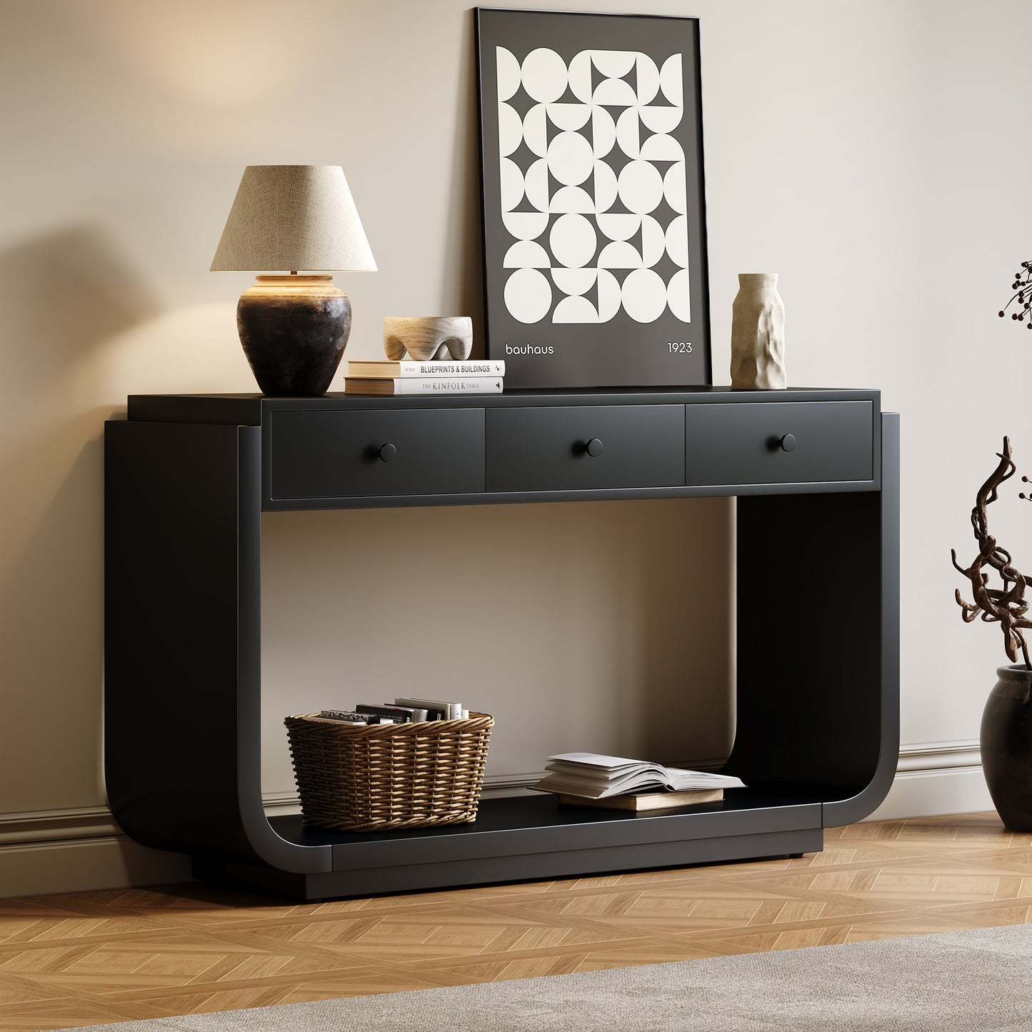 Classic-Style Console Table, 3 Storage Drawers, Display Shelf, Curved Legs, Painted Finish, Entryway Hallway Living Room, Black