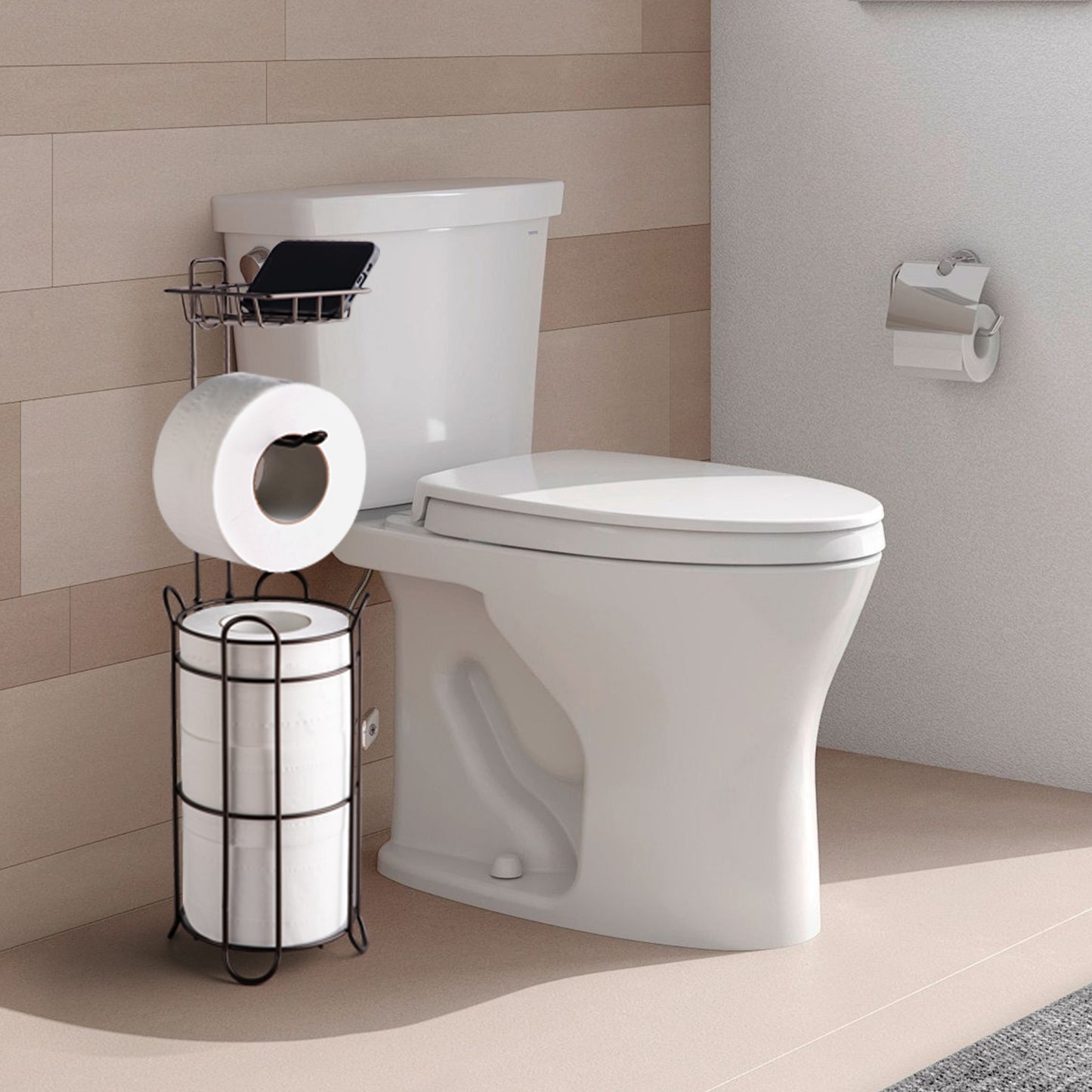 Toilet Paper Holder Holder With Shelf,Bathroom With Toilet Convenient Shelf, Holds Mega Rolls, Phone,Brown