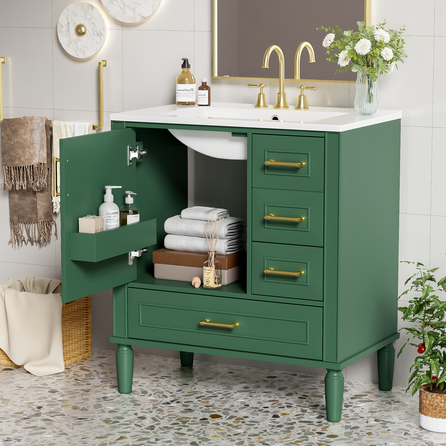 Traditional 30 Green Bathroom Vanity Set, Floor Standing, With Three Drawers, Soft Close Doors, With Long Gold Metal Handles - Perfect For Small Bathrooms