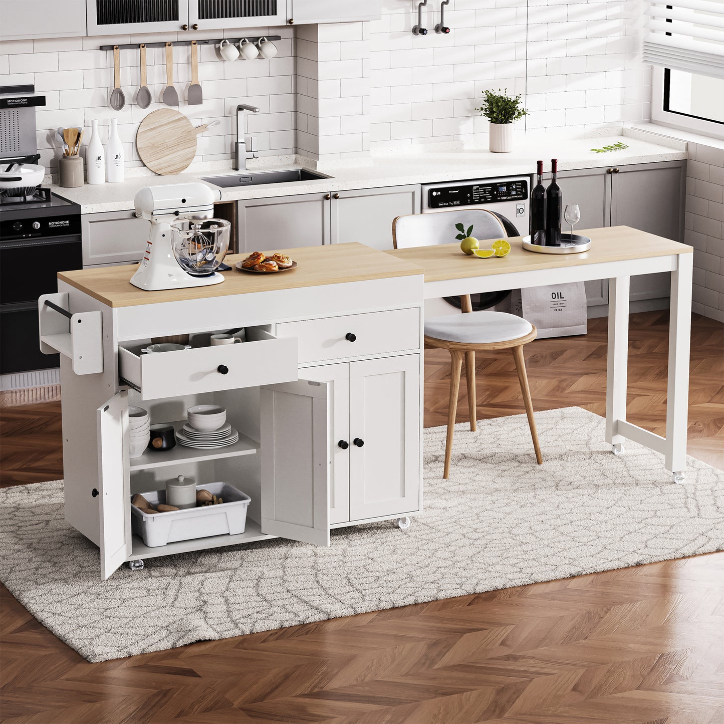 K&K 74.5 Inch Kitchen Island With Extendable Dining Table , Rolling Kitchen Island On Wheels With Spice Rack And 2 Drawers, 4 Door Cabinet, For Kitchen, Dining Room, White One Package