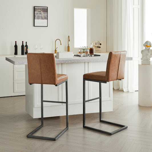 Back Brown Faux Leather Bar Stool Sturdy Black Metal Frame & Padded Seat Stylish Seating For Kitchen Island Home Bar & Dining Counter 2 Sets