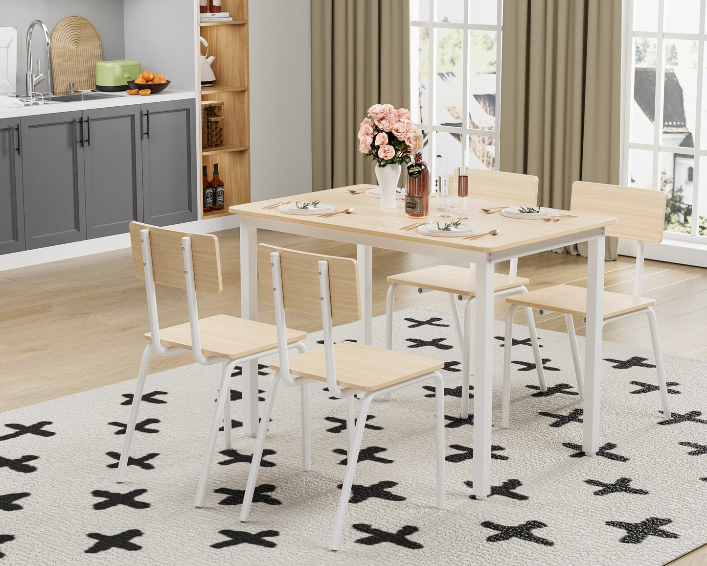 5-Piece Dining Table Set With 4 Chairs, 43 Kitchen Table & Chairs Set For 4, Dining Room Table With Metal Frame & MDF Board, Perfect For Small Space, Easy Clean