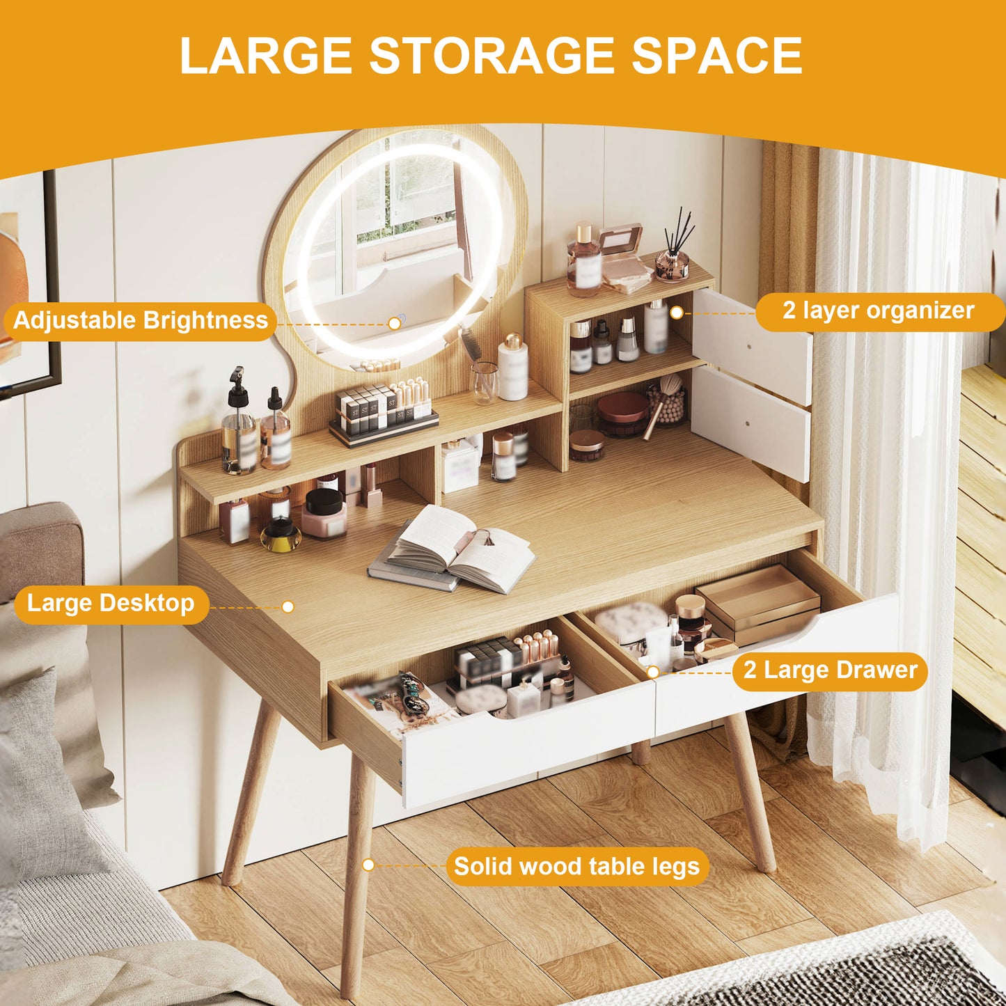 Makeup Vanity Desk With 3 Adjustable Lighted Mirror With Solid Wood Table Feet , Dressing Table Set With 4 Drawers And 3 Open Shelves For Small Space Bedroom