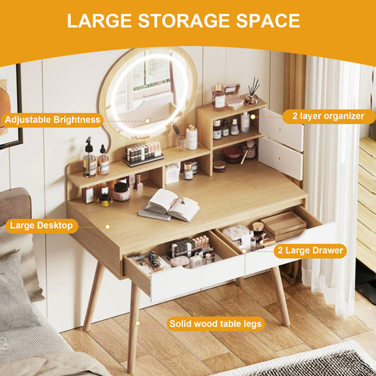 Makeup Vanity Desk With 3 Adjustable Lighted Mirror With Solid Wood Table Feet , Dressing Table Set With 4 Drawers And 3 Open Shelves For Small Space Bedroom