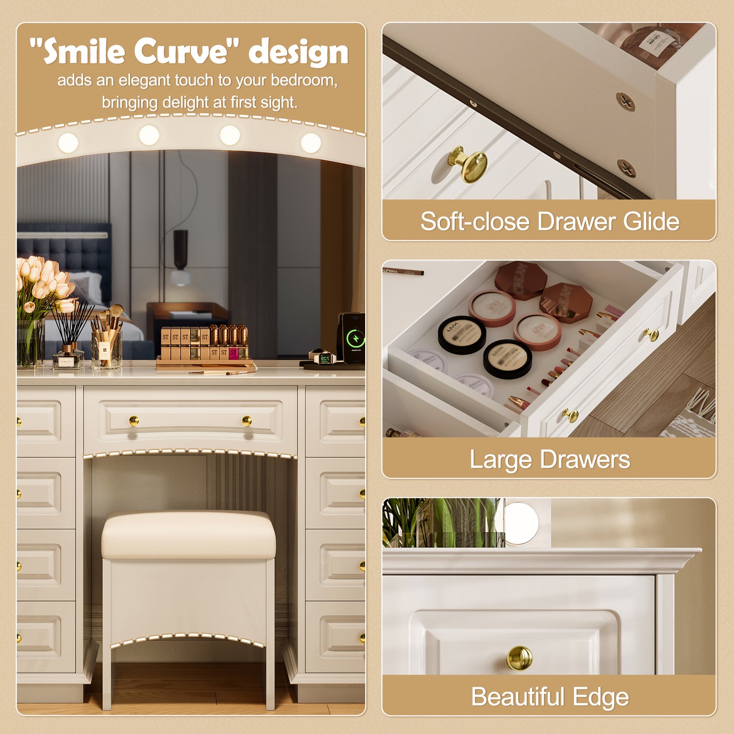 Old Luxurious Makeup Vanity With 10 Hollywood Bulbs, 3 Color Lighting Modes, Classic Dressing Table With Cushioned Stool And 9 Storage Drawers For Bedroom, White