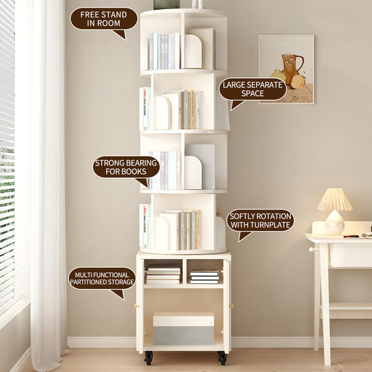 Rotating Bookshelf, 360 Degree Display 5 Tier Corner Bookshelf With Drawer For Small Space, Floor Standing Bookcase Storage Rack, Wood Narrow Organizer For Bedroom, Living Room, WHITE COLOR