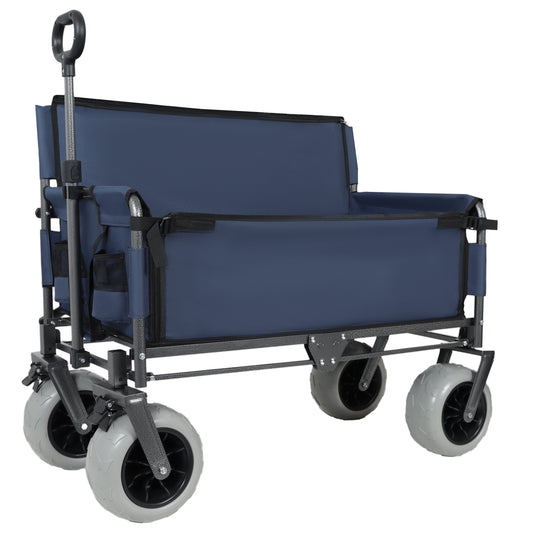 3- In- 1 Folding Wagon With Bench Seat - 500lbs Capacity 9 X4 Beach Tires For Camping & Beach Dark Blue
