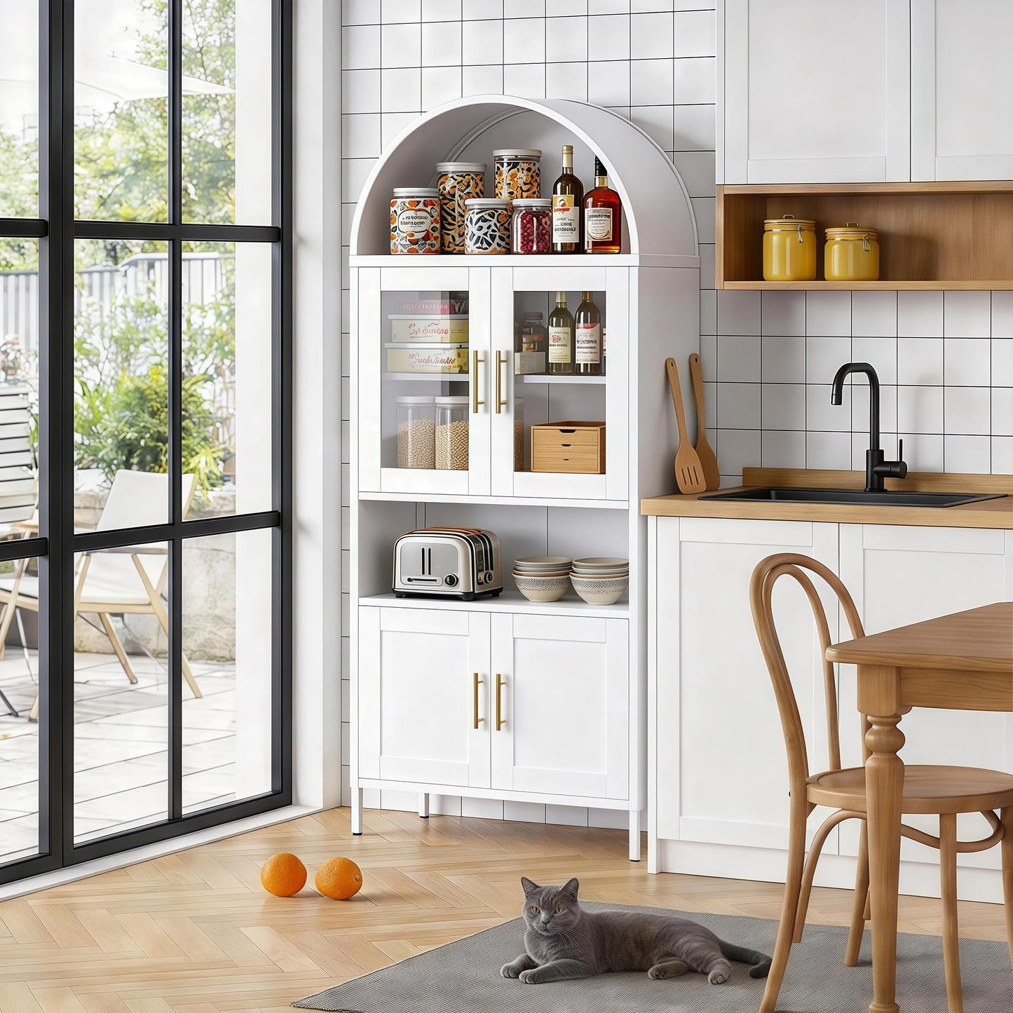 73inch Tall Arched Kitchen Pantry Cabinet With Doors, Metal Arched Hutch Cabinet For Kitchen, Dining Room, Living Room, Assembly Required, White