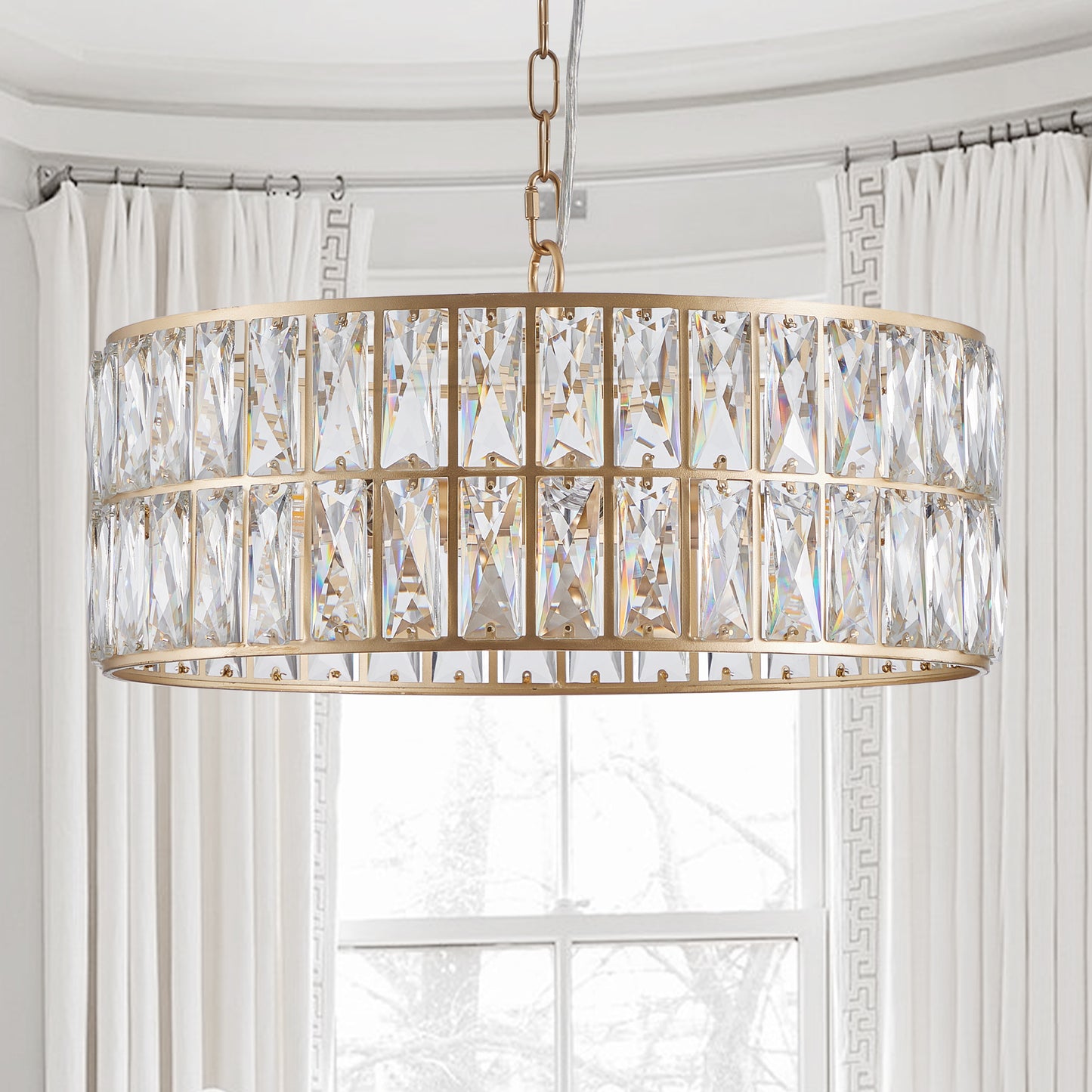 Golden Modern Crystal Drum Chandelier, 6-Light Pendant Lighting Fixture With Metal Frame For Living Room, Dining Room, And Bedroom Bulbs Not Included