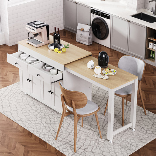 K&K 74.5 Inch Kitchen Island With Extendable Dining Table , Rolling Kitchen Island On Wheels With Spice Rack And 2 Drawers, 4 Door Cabinet, For Kitchen, Dining Room, White One Package