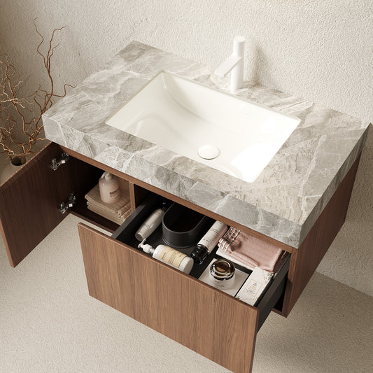MURI 36 Bathroom Vanity&Sink, Floating Plywood Storage Cabinet With Drawer&Door, Light Gray Sintered Stone Top&Ceramic Basin With 1 Pre-drilled Faucet Hole, Pre-assembled, Brown Oak Woodgrain Color