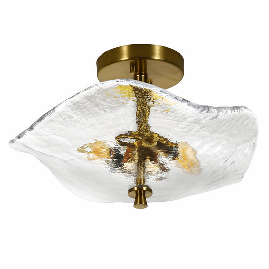 16.5inch Glass Semi Flush Mount Ceiling Light Fixture, 2-Lights Close To Ceiling Light, Modern Gold Ceiling Light Fixture For Bedroom Bathroom Hallway Entryway Kitchen Dining Room