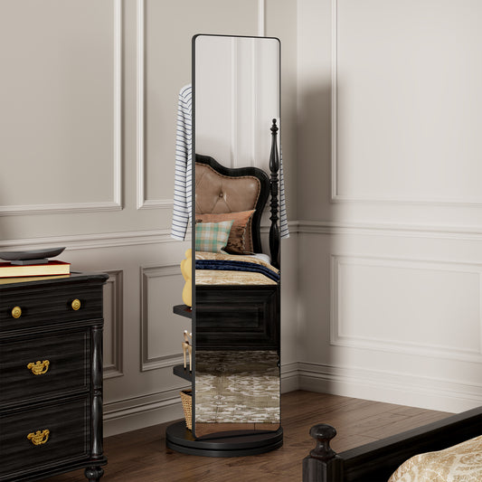 360 Rotating 69x20in Multifunctional Full Length Mirror With Hook Storage Rack Coat Rack With Mirror Solid Wood Floor Mirror Bedroom Living Room Cloakroom Space Saving Black