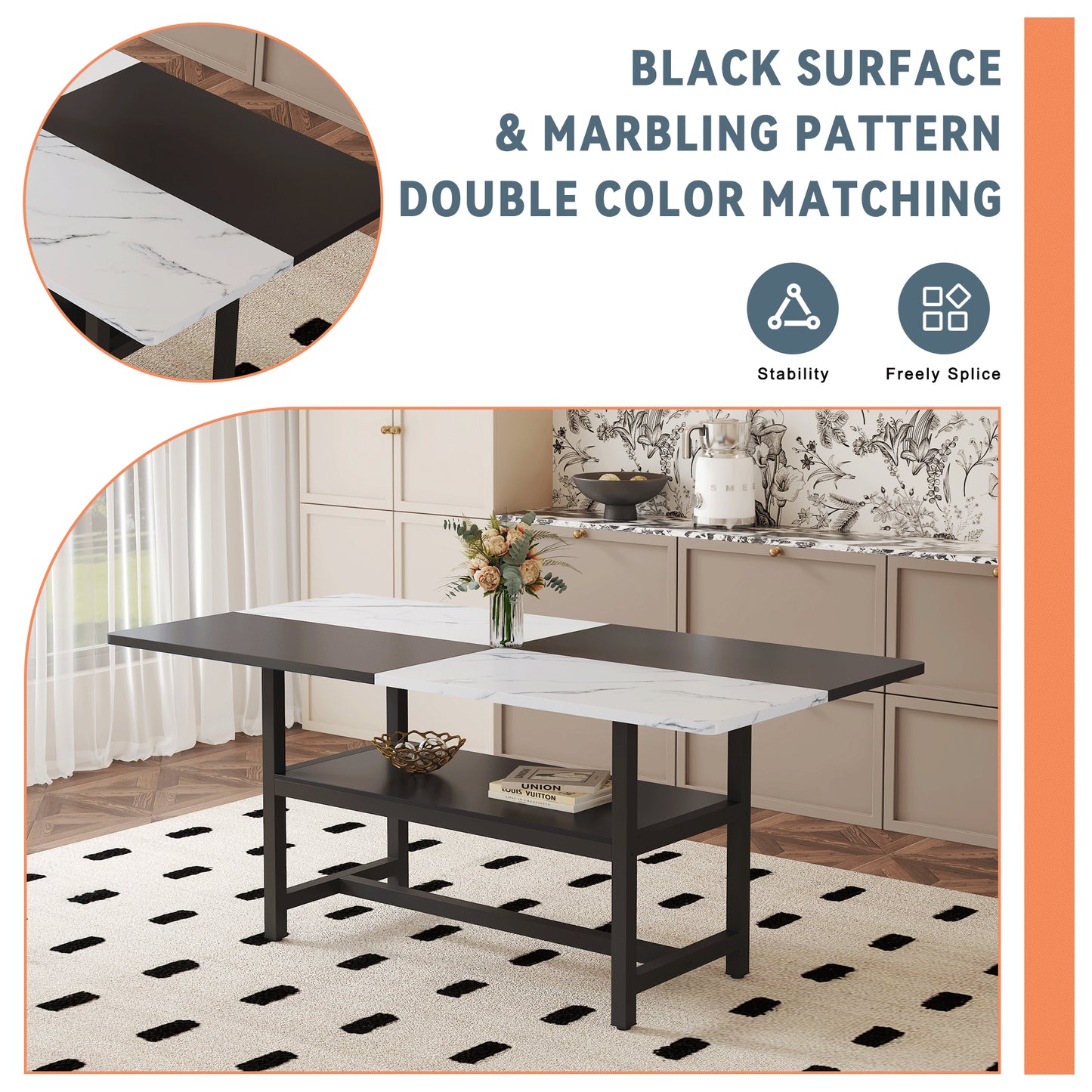 Table And Chair Set.71x35.4 Inch White And Black Spliced Dining Table With Storage Function In The Middle Of The Table Legs.Paired With 6 Light Gray Linen Fabric Chairs.