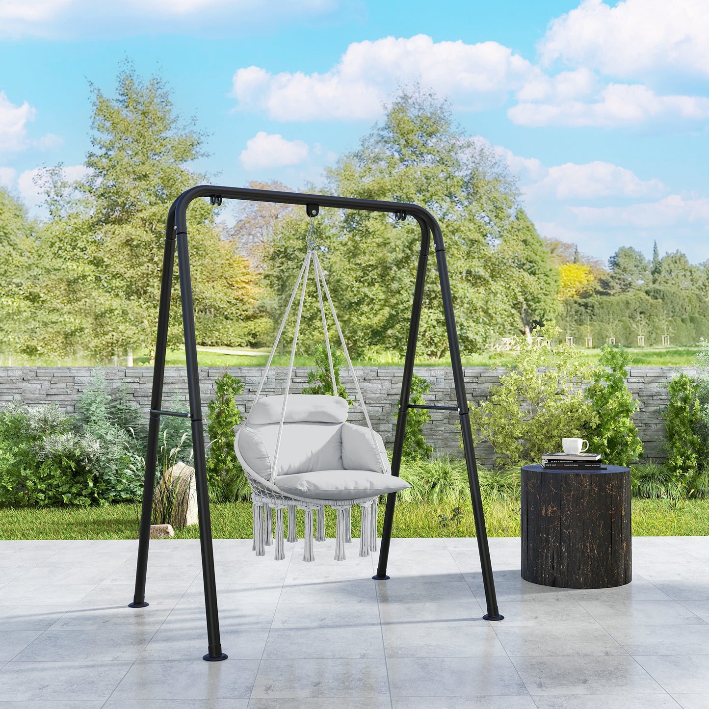 Hammock Swing Chair, Macrame Hanging Chair With Large Cushion, Chain, Steel Frame For Indoor Outdoor Use, Gray