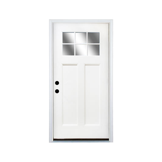 Fiberglass Entry Door, 36 X 80 Door With Brickmould,4-9-16 Vinyl Frame,White Primed, Right Hand Inswing, Front Entry Knock-Down Door, 2-Panel Craftsman, 6-Lite Low-E Glass