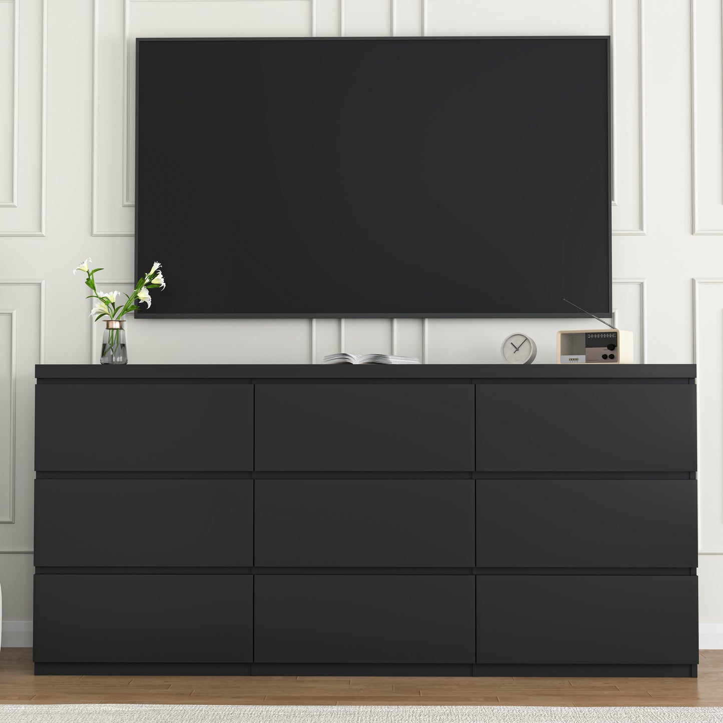 9 Drawer Dresser With No Handle Design, Modern Black Matte Wood Dresser For Bedroom, Storage Chest Of Drawers For Living Room, Hallway, Entryway
