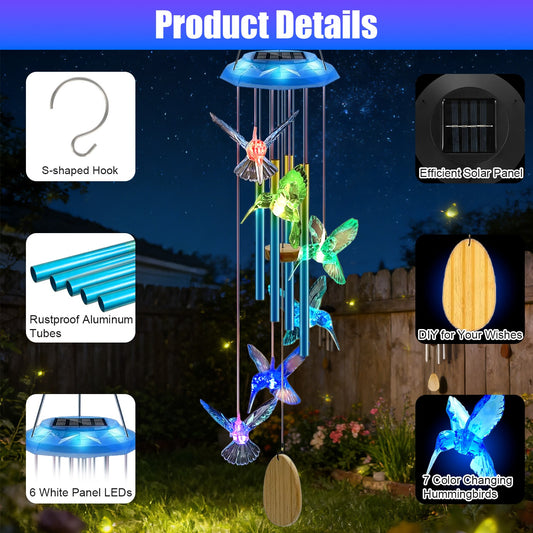 1Pc Solar Butterfly Wind Chime With Aluminum Tubes 7 Color Changing Wind Chime For Outside IP44 Waterproof Outdoor Garden Yard Decor