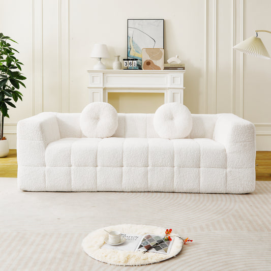 84.6-inch Modern Boneless Couch With Two Circular Throw Pillows,Skin-friendly Lychee-textured Long-pile Polyester Fabric,Checkered Fabric Design Three-Seater Foam Sofa