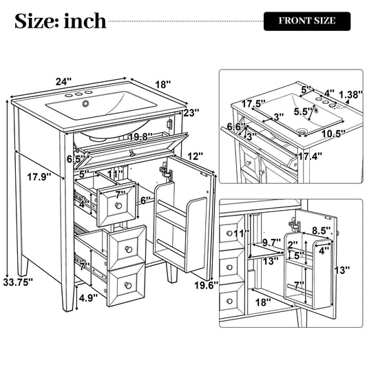 24 Bathroom Vanity With Sink,Ceramic Sink,Bathroom Cabinet With 1 Tip-out Drawers And 2 Pull-out Storage Drawers, Soft-Closing Door With Storage Rack, Solid Wood Legs, One Package, Blue Gray