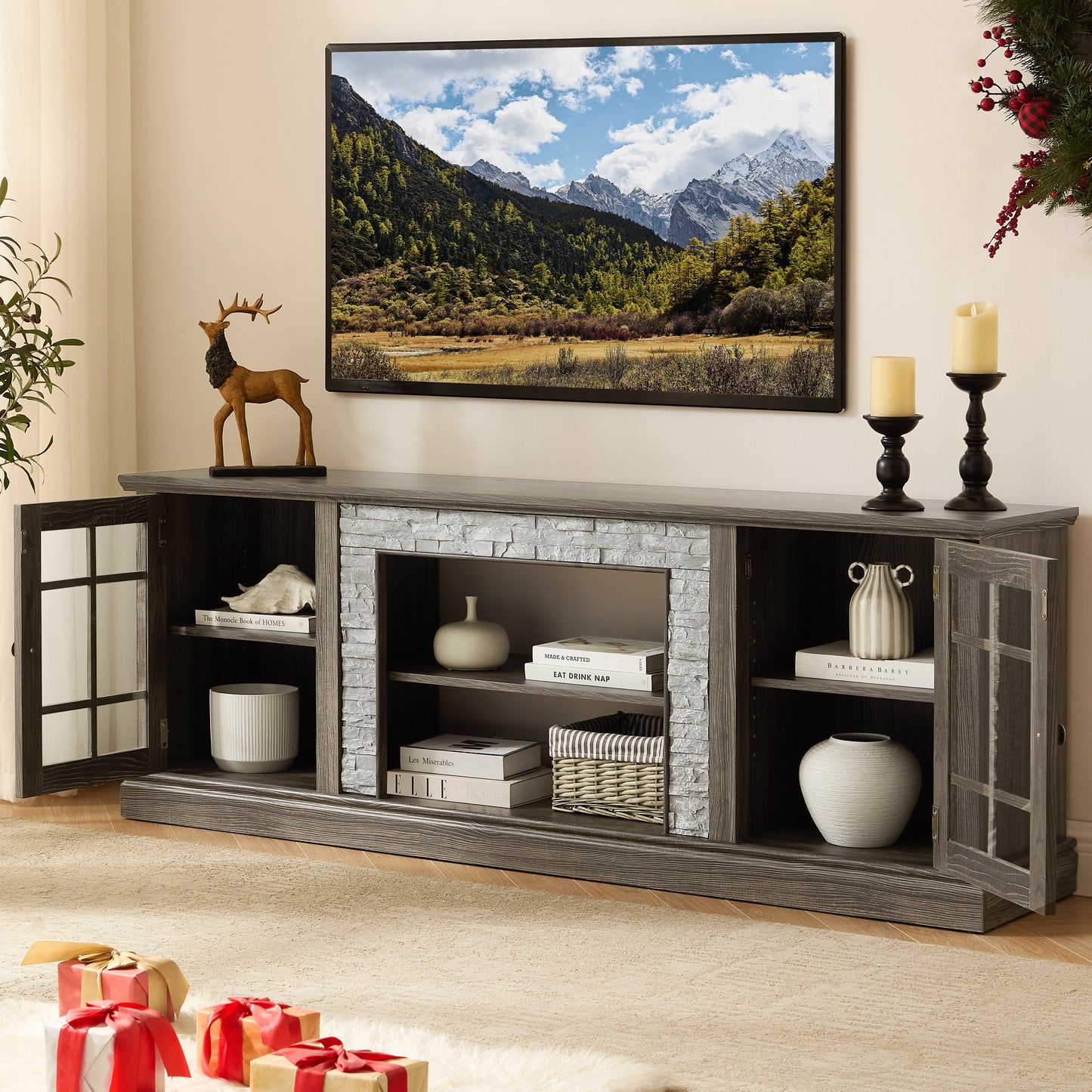 70 Modern TV Stand With 2-Door Storage, Faux Stone Media Console Cabinet, Grey Large Entertainment Center For Living Room
