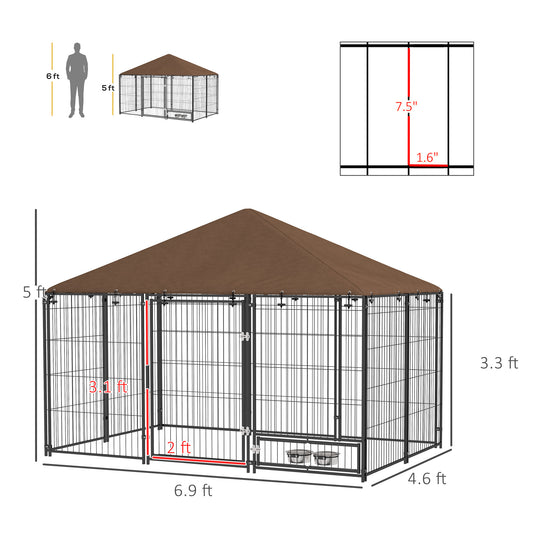 Outside Dog Kennel, 6.9' X 4.6' X 5' Puppy Play Pen With Canopy, Garden Playpen Fence Crate With Rotating Bowl, Black