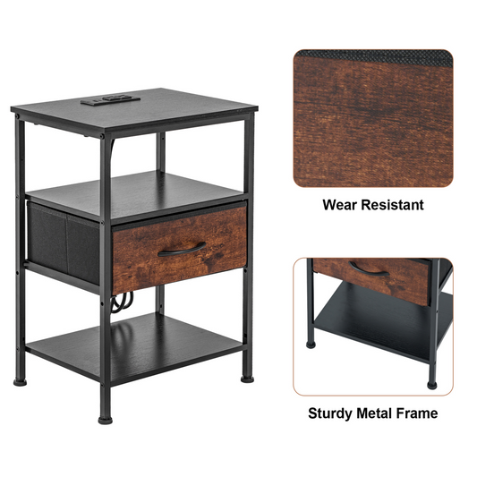 Bedside Table, With Built-in USB- C-type Port Sockets And Adjustable Drawers, 3-layer Storage Rack, And Fabric Drawers