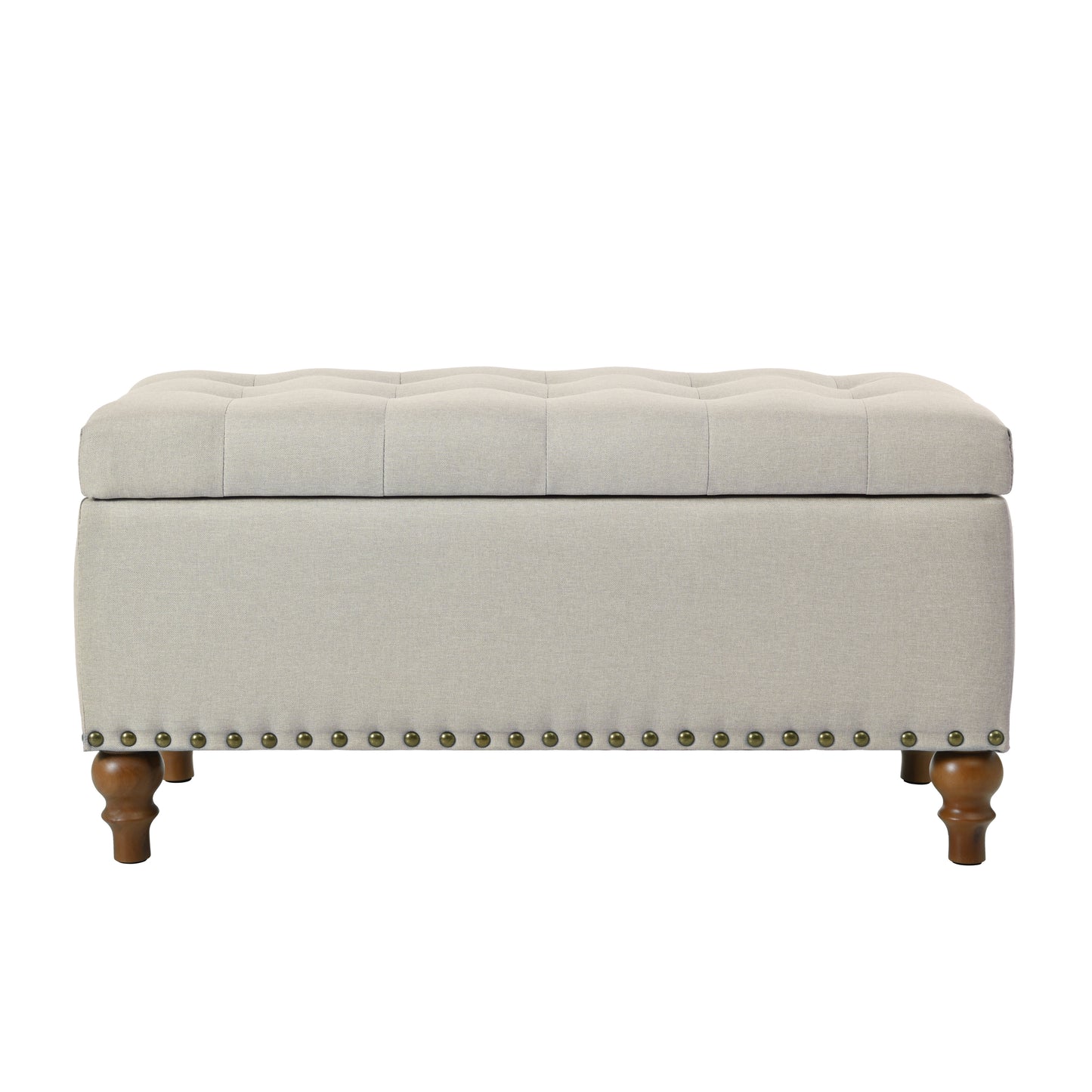 Ottoman Storage Bench, Recessed Support Hinge Top Easy To Open, Rivet Trim Around, Bedroom, Entrance, Living Room, Linen Beige
