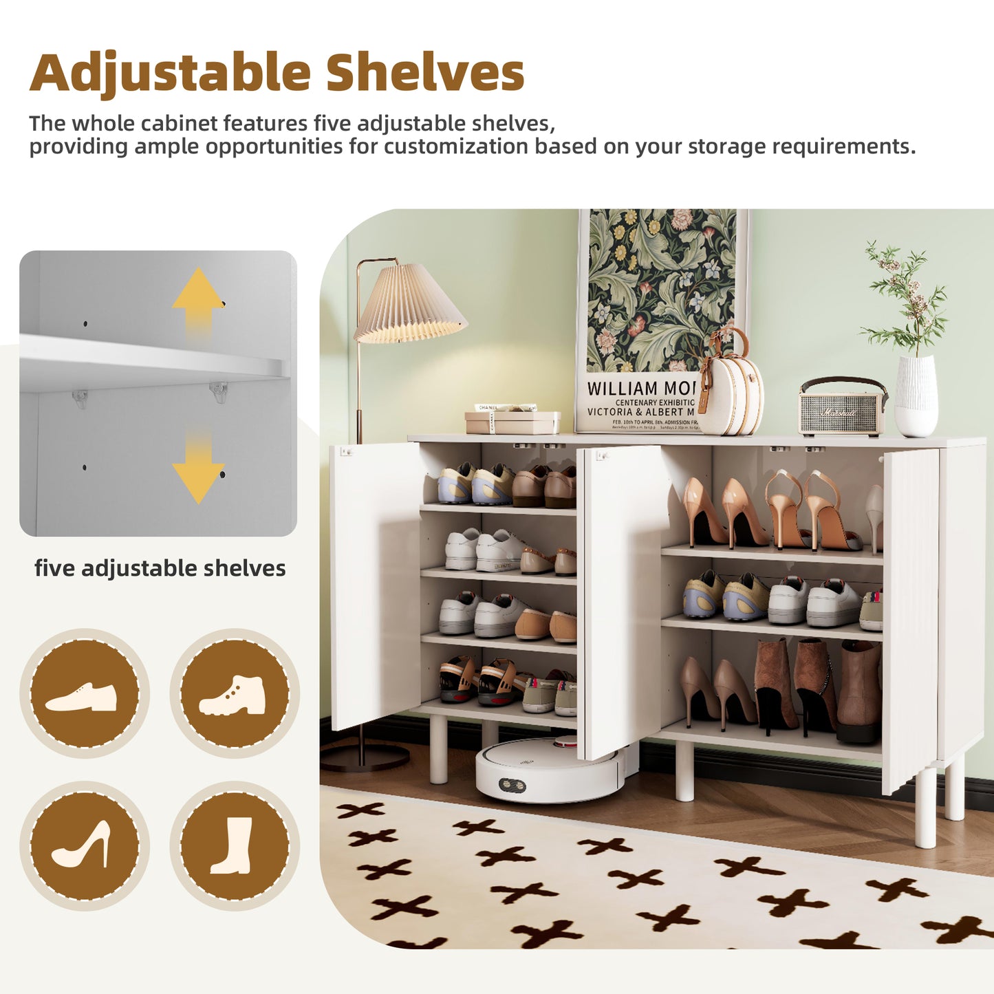 ON-TREND Minimalist Shoe Cabinet With 5 Solid Wood Legs, Cream Style Sideboard Buffet Cabinet With Fluted Doors, Large 4-Door Storage Cabinet With Adjustable Shelves For Living Room, White, 55.1x13.7