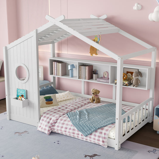 Twin Size Floor House Bed For Toddler, Kids Montessori Bed With Storage Shelf, Playhouse Bed With Roof Design, White