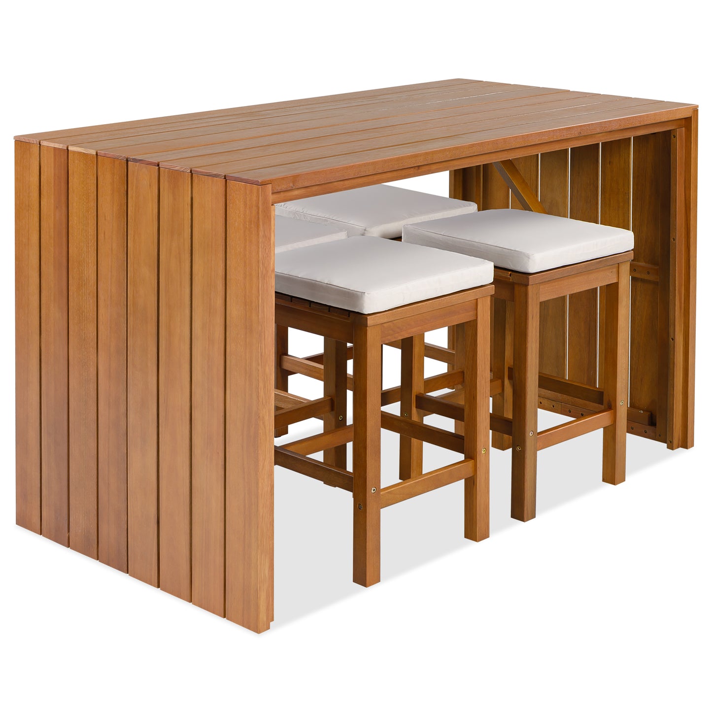 5 Piece Outdoor Bar Set, Patio Acacia Wood Bar Height Table & Four Stools With Cushions, Wood Dining Bar Set For Backyard, Poolside, Balcony, Beige Cushion And Natural Wood