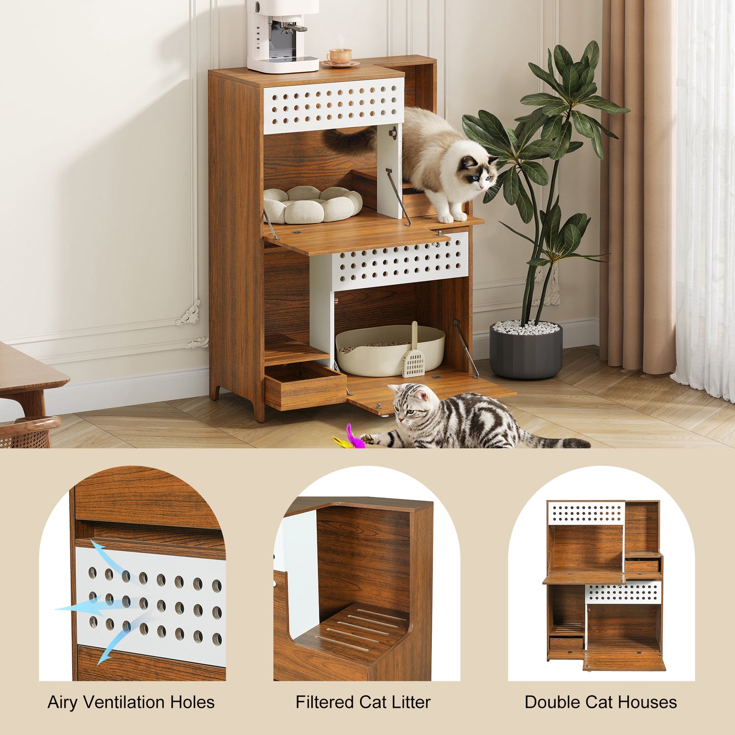 Modern 2 IN 1 Cat Furniture, Cat Litter Box Enclosure Side Table, Cat House With Storage, For 2 Small-Medium Sized Cats - BROWN