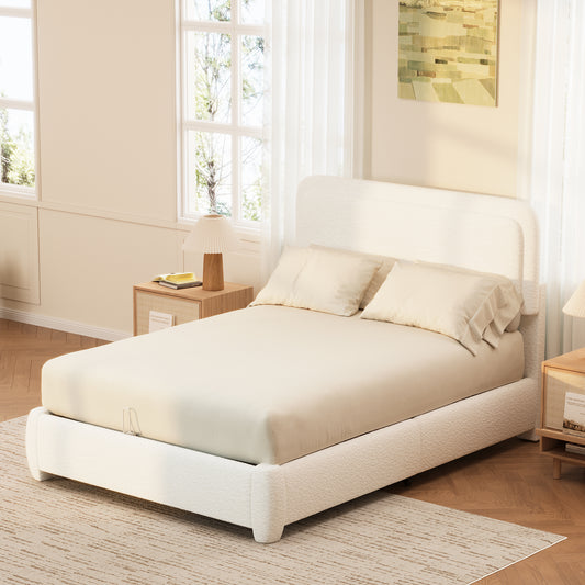 Boucle Full Bed Frame With Adjustable Height Headboard, Modern Platform Bed With Curved Cloud Headboard, Elegant Boucle Fabric Low Profile Platform Bed, No Box Spring Needed, Easy Assembly, White