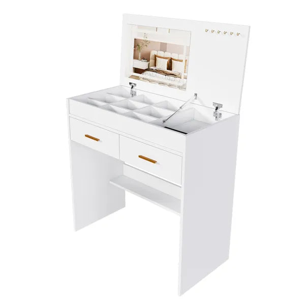 Flip Top Vanity Desk With LED Lighted Mirror & Built-in Outlet - Makeup Vanity Table With 2 Drawers, Open Storage, Hooks For Jewelry (No Stool Included, White)