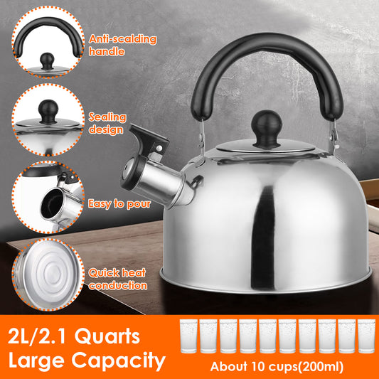 Multi-Use Whistling Tea Kettle 2 Liter, Anti-Corrosion Stainless Steel Water Kettle With Sealed Lid, Heat Resistant Handle For Home Office Camping